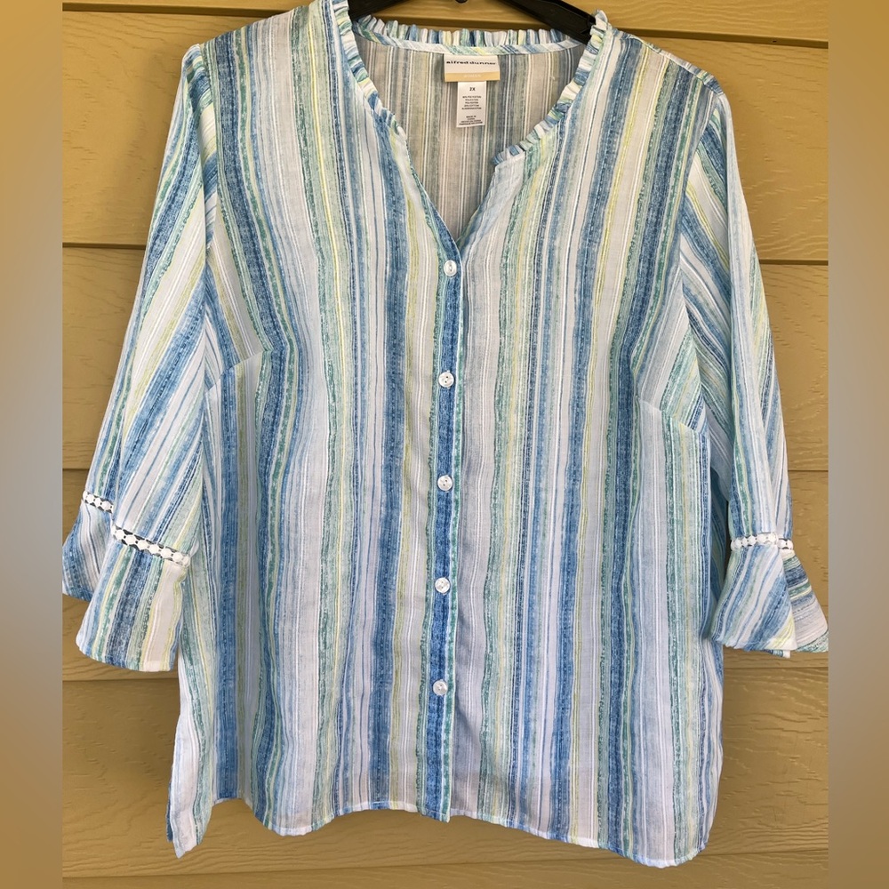 Alfred Dunner Blue, White & Green Striped Button-Front Shirt